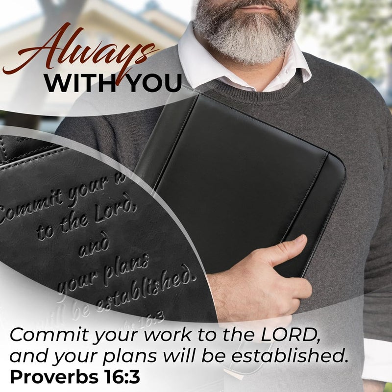 DEHITE Leather Portfolio for Men and Women - Christian Religious Gifts - Padfolio with Laptop Pocket - Letter Size Organizer for Bible Notebook Notepad - Black Full Grain Zipper Binder - Image 5